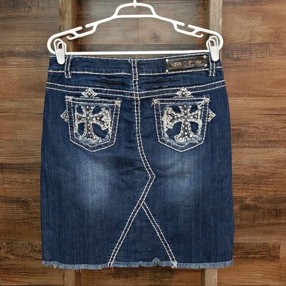 Vtg Miss Chic Denim Skirt Size L Cross Embellished Fray Hem Y2K Western - Picture 1 of 9